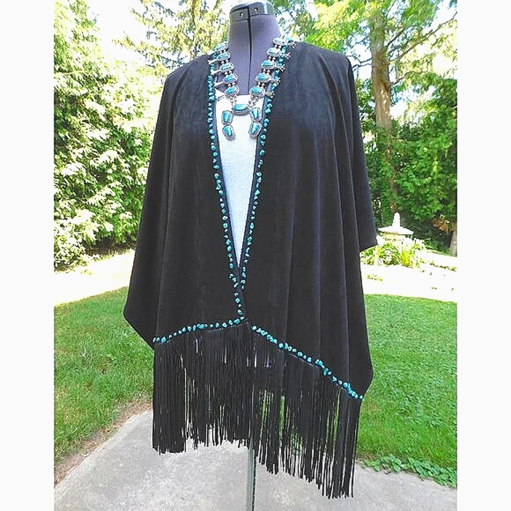 Black Thick Faux Suede and Leather Fringe Boho Poncho  Turquoise Stone Beads O/S - Picture 4 of 6